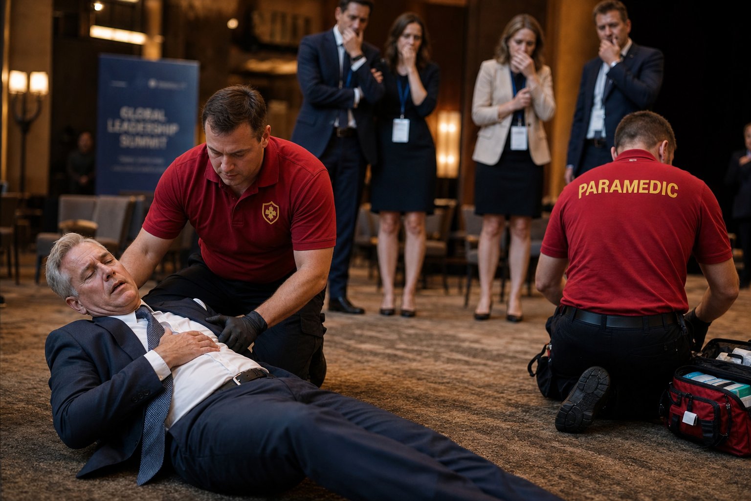 Two Reserve Medical Group medics in red polos responding to a corporate executive on the floor of a conference venue while attendees look on concerned.